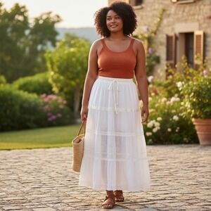 Sakkas White Cotton Tiered Maxi Skirt Boho Embroidered Lace Trim One Size‎